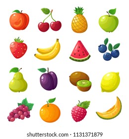 Cartoon fruits and berries. Melon pear mandarin watermelon apple orange isolated vector set. Peach and cherry, pineapple and apple, watermelon and banana, blueberry and lemon illustration