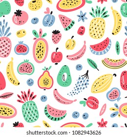 Cartoon Fruits and Berries Vector Seamless Pattern. Colorful Fruit Wallpaper. Healthy Summer Food Background