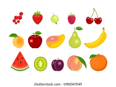 Cartoon fruits and berry set. Vector flat illustration of red currant, strawberry, gooseberry, raspberry, cherry, apricot, apple, mango, pear, banana, watermelon slice and kiwi, plum, peach, orange.