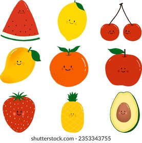 Cartoon fruits characters, cute style, fruits collection, Vector food illustration, happy fruits
