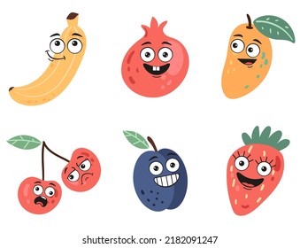 Cartoon fruits characters with different face emotions isolated set collection design element concept illustration

