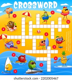 Cartoon fruits characters on summer beach vacation on crossword puzzle game grid. Find a word quiz game worksheet, child logical playing activity, kindergarten kids vector vocabulary puzzle or riddle