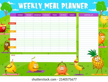 Cartoon Fruits Characters On Yoga, Weekly Meal Planner Schedule And Shopping Check List Vector Template. Week Food Plan, Diet Menu Organizer And Notes With Funny Red Apple, Mango, Orange And Banana