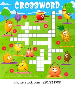 Cartoon fruits characters on yoga fitness sport crossword puzzle game grid. Find a word quiz game worksheet, intellectual game or child playing activity vector page with funny fruits doing exercises