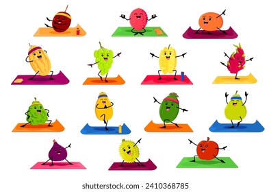 Cartoon fruits characters on yoga fitness. Vector plum, carambola, jack fruit or durian. Bergamot, melon, figs and apple with feijoa juicy vitamin fruit personages engaged in wellness activities