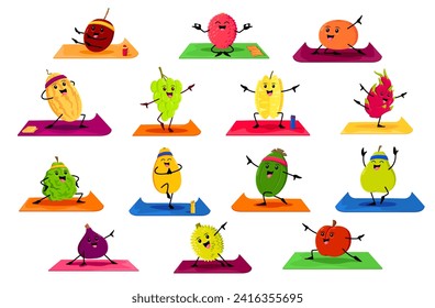 Cartoon fruits characters on yoga fitness. Vector plum, carambola, jack fruit or durian. Bergamot, melon, figs and apple with feijoa juicy vitamin fruit personages engaged in wellness activities