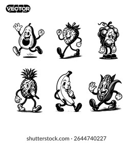 Cartoon Fruits Characters in  retro cartoon style. Cute comic gloved hands characters in cartoon. happy avocado, joyful strawberry, sad grape, surprised pineapple, flirty banana, and chill corn