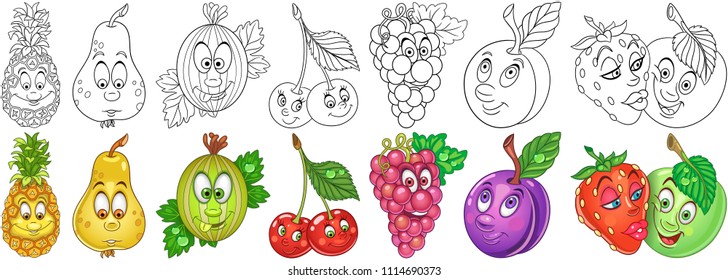 Cartoon Fruits Collection. Coloring pages and colorful designs for coloring book, t-shirt print, icon, logo, label, patch, sticker. Vector illustrations.