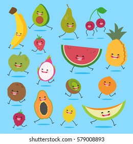 Cartoon fruits cute characters face on blue background. Vector collection . Emoticon emoji. Funny food concept.