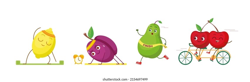 Cartoon fruits doing exercises, training and making fitness workout. Set of active cherry, lemon, plum and pear training workout. Flat vector illustration