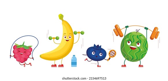 Frutos de caricatura haciendo ejercicios, entrenando y haciendo ejercicios de fitness. Conjunto de entrenamiento activo de frambuesa, plátano, arándanos y sandía. Ilustración vectorial plana