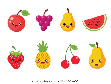  Cartoon fruits with eyes in flat style. Strawberry, apple, pineapple, mango, raspberry, grape, watermelon, pear, cherry with white background 