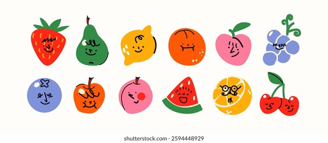 Cartoon fruits faces with emotions, doodle characters in retro groovy funky style. Apple, orange, pear, strawberry stickers set of hand drawn vector faces