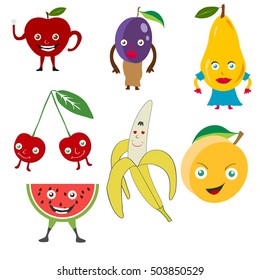 Cartoon fruits, funny fruit. Set of funny realistic fruits.