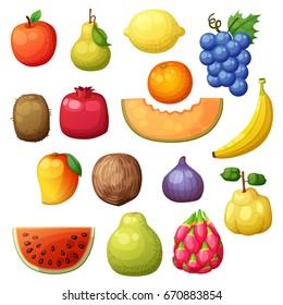 Iconos de frutas de caricaturas aislados en fondo blanco. Ilustración vectorial de manzana, pera, limón, uva, naranja, kiwi, granada, melón, plátano, mango, higo