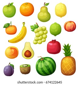Cartoon fruits icons set isolated on white background. Vector illustration of apple, pear, lemon, grape, orange, kiwi, pomegranate, banana, tangerine, lime, pineapple, plum