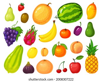 Cartoon fruits. Lemon, strawberry, banana, orange, apple, watermelon, peach, pineapple, mango, grapes Ripe tropical exotic fruit vector set Organic juicy berries isolated on white