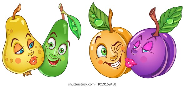 Cartoon Fruits in Love. Lovely kiss. Emoticons. Smiley. Emoji. Design element for Valentines Day greeting card, kids coloring book, colouring page, t-shirt print, icon, logo, label, patch, sticker.