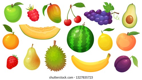 Cartoon fruits. Mango fruit, melon slice and tropical banana. Raspberry berries, watermelon and apple. Vegetarian food, exotic tropical fruits. Vector illustration isolated icons set