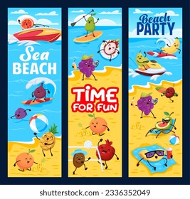 Cartoon fruits on summer beach vacation. Beach party vector vertical banners with funny grapefruit, fig, plum, pineapple, orange and dragon fruit, grapes surfing, swimming and sunbathing on beach