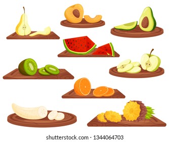 Cartoon fruits on wooden cutting board on white background.