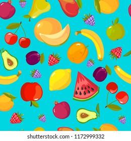 cartoon fruits pattern. colorful seamless background with fresh healthy organic vitamin food vector pictures