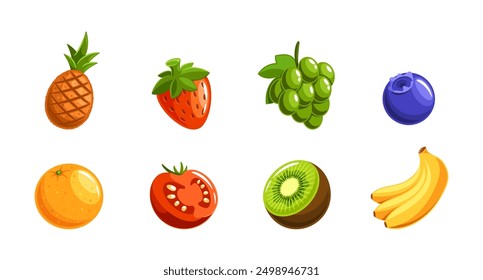 Frutas De Dibujos Animados Piña, Fresa, Uva, Arándano, Naranja, Tomate, Kiwi Y Plátano. Diseño De Vector Divertido Y Juguetón