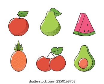 Cartoon Fruits in Retro Style. Apple, Pear, Watermelon Slice and Pineapple, Cherries and Avocado Isolated on White