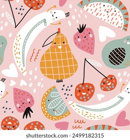 Cartoon fruits seamless pattern. Kids design fruits characters. Cute fruits vector background