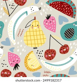 Cartoon fruits seamless pattern. Kids design fruits characters. Cute fruits vector background