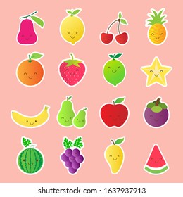 Cartoon fruits smile flat icon.Rose apple ,lemon ,cherry ,pineapple ,orange ,strawberry ,lime ,starfruit ,banana ,pear ,mangosteen ,watermelon ,grape and mango isolated on pink background.Vector.