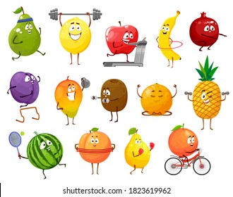 Frutas de caricatura deportistas, pera vectorial, limón y manzana, plátano, granada y ciruela con mango. Kiwi, pomelo y naranja, piña, sandía y membrillo aislados personajes deportivos