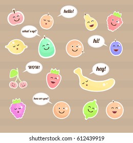 Cartoon fruits stickers with outline isolated. Light colored fruits with faces on brown background talking