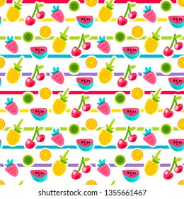 Cartoon fruits striped seamless vector pattern