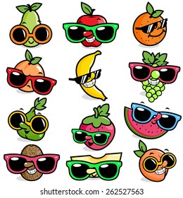 Cartoon fruits with sunglasses. Vector illustration