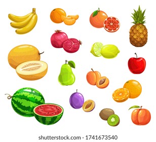 Cartoon fruits vector pineapple, peach and banana, pomegranate and pear. Watermelon, melon, kiwi and lime, lemon, apricot and orange, apple with grapefruit and prune. Natural ripe fresh fruits icons