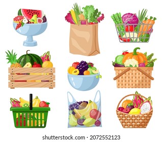 Cartoon fruits and vegetables in basket, shopping bag, bowl, boxes. Grocery shopping packed organic fresh veggies and fruits vector illustration set. Fresh food pack. Cartoon food basket with fruits