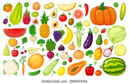 Cartoon fruits and vegetables. Broccoli, carrot, cabbage, beetroot, kiwi, apricot, mango. Fresh organic vegetable, fruit slices vector set. Organic healthy food for market, farming products