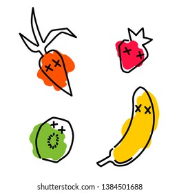 Cartoon fruits and vegetables characters, stain remover, vector set, isolated on white