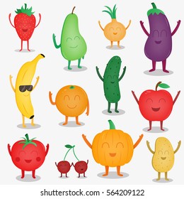 Cartoon fruits and vegetables. Funny food concept. Organic food. Vector.