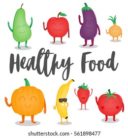 Cartoon fruits and vegetables. Healthy style collection. Vector illustration.