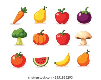 Cartoon Fruits and Vegetables Icon Set, Complete Fresh Produce Icon Pack, Colorful Fruits and Vegetables Vector Illustrations | Modern Flat Design Food Icons Collection for Digital and Print Project.