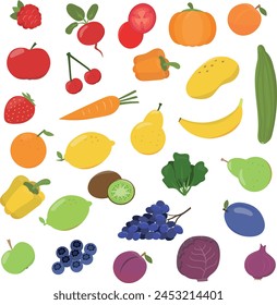 Iconos de frutas y verduras de dibujos animados ambientados en coloridos colores de arco iris. Ilustración vectorial sobre fondo blanco.