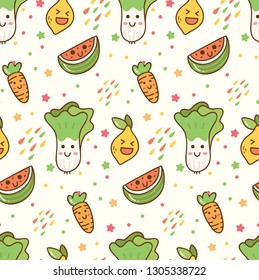 Cartoon fruits and vegetables kawaii seamless pattern 