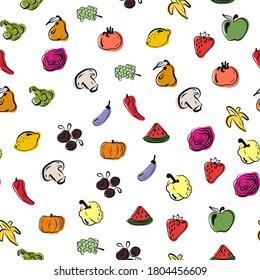 Cartoon Obst und Gemüse nahtlose Muster. Vektorgrafik von bunten Zusammensetzungen von ganzen und geschnittenen frischen Gemüse und Früchten.Kürbis, Apfel, Birne, Grün, Pilze, Zitronenbeeren