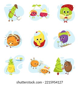 Cartoon fruits and vegetables set. Cute kawaii characters on Christmas vacation. Various winter activities. A collection of mascots for the design of greeting cards, banners, posters.