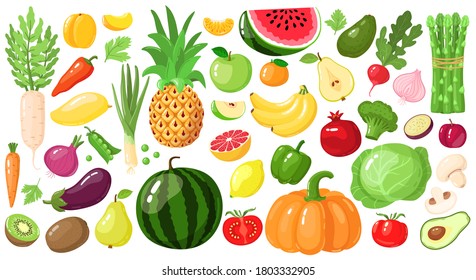 Frutas y verduras de dibujos animados. Comida para el estilo de vida vegetal, nutrición orgánica vegetal y frutal, aguacate, espárragos e ilustraciones vectoriales de mango. sandía y piña, manzana y plátano, kiwi