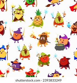 Cartoon fruits wizard or mage characters seamless pattern. Vector tile background with lemon, pineapple, pear and quince. Kiwi, orange, peach or garnet with apple, plum watermelon, orange or mango