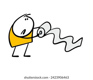 Cartoon frustrated stickman holds a roll of toilet paper. Vector doodle illustration of unhappy person and unwound blank paper. Isolated stick figure character on white background.