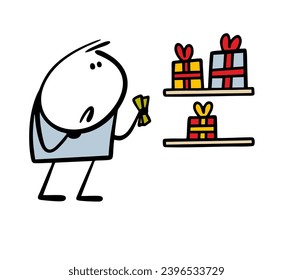 Cartoon frustrated stickman in the store chooses a cheap gift for the holiday. Vector illustration of  sad poor man, expensive boxes and not enough money. Isolated character on white background.